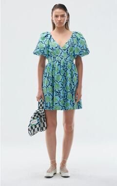 Deloreta Womens S Blue Green Floral Tati Puff Sleeve Cotton A Line Mini Dress